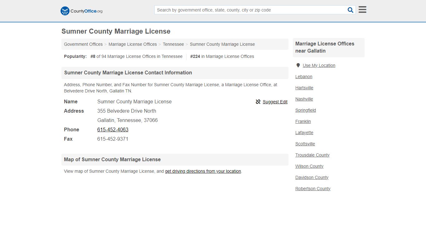 Sumner County Marriage License - Gallatin, TN (Address ... - County Office
